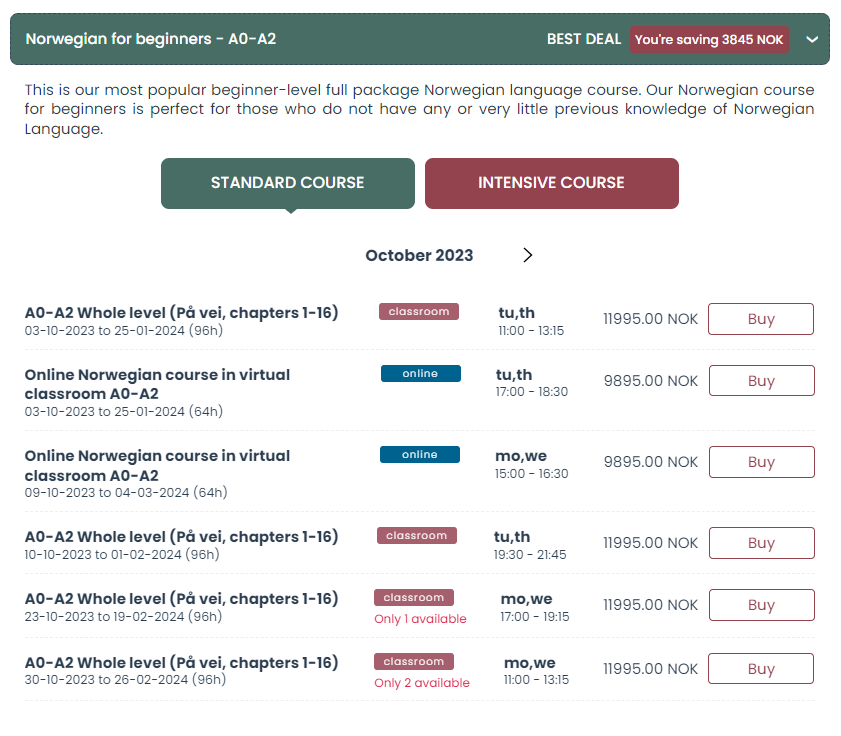 Timeplan for A0-A2 kurs. Det røde ikonet brukes for klasseromsbaserte kurs, og det blå ikonet for nettbaserte klasser.