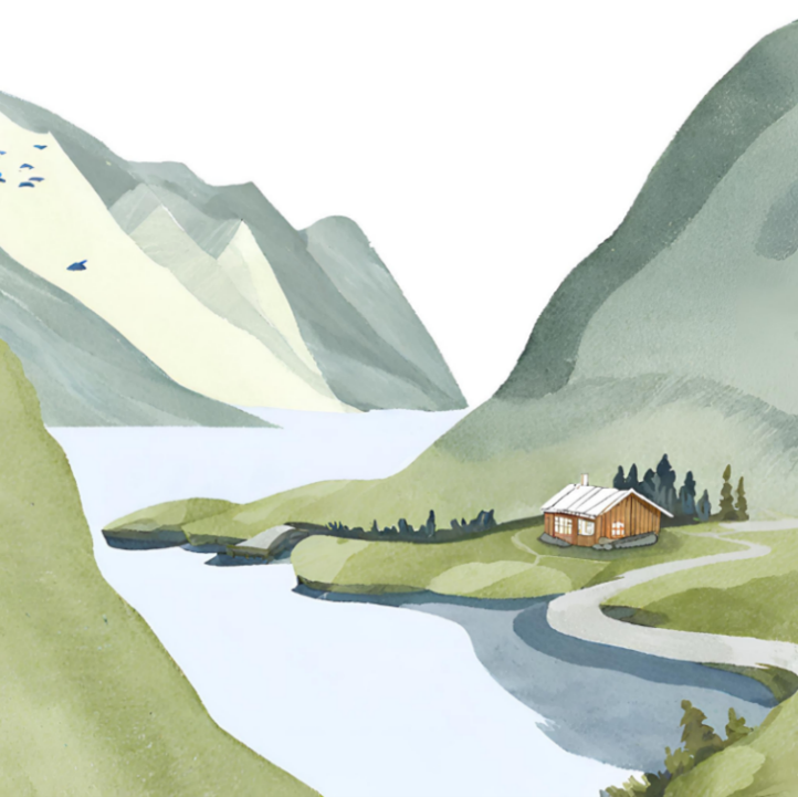 Watercolour of a cabin by the norwegian fjord, surrounded by tall mountains. 