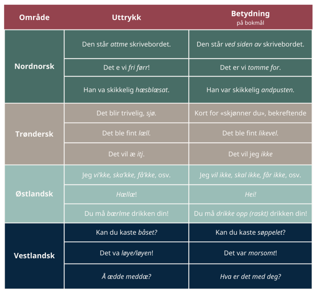 Ord og uttrykk på forskjellige dialekter.