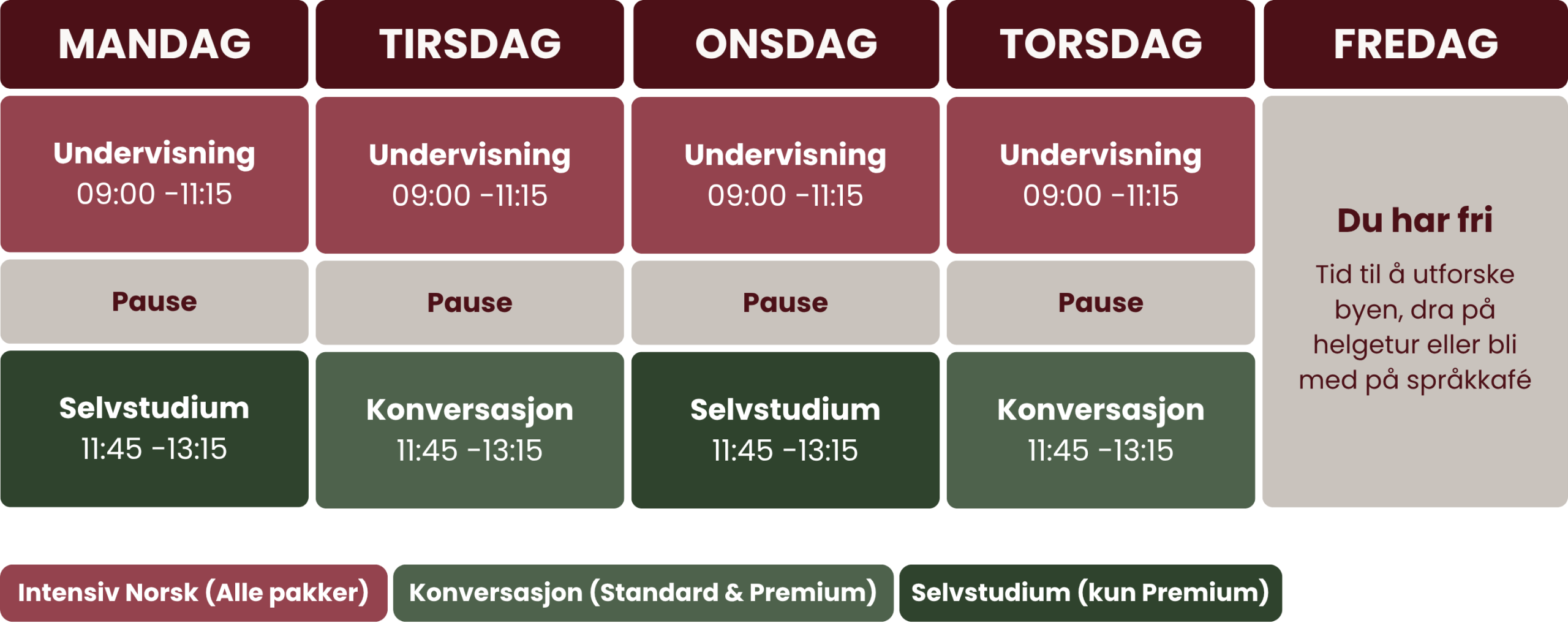 Ukentlig timeplan med undervisning mandag til torsdag og tid til egen øving, med A1–B2 norsk før lunsj og konversasjonskurs etter.